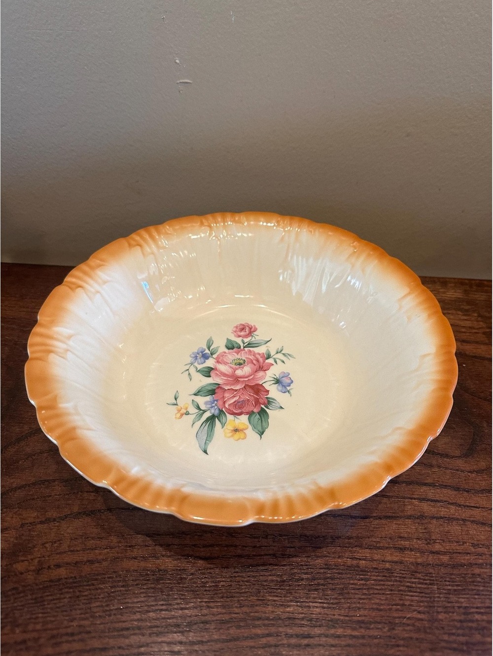 Vintage Homer Laughlin Serving Bowl: Orange Scalloped Rim, Pink Rose Center